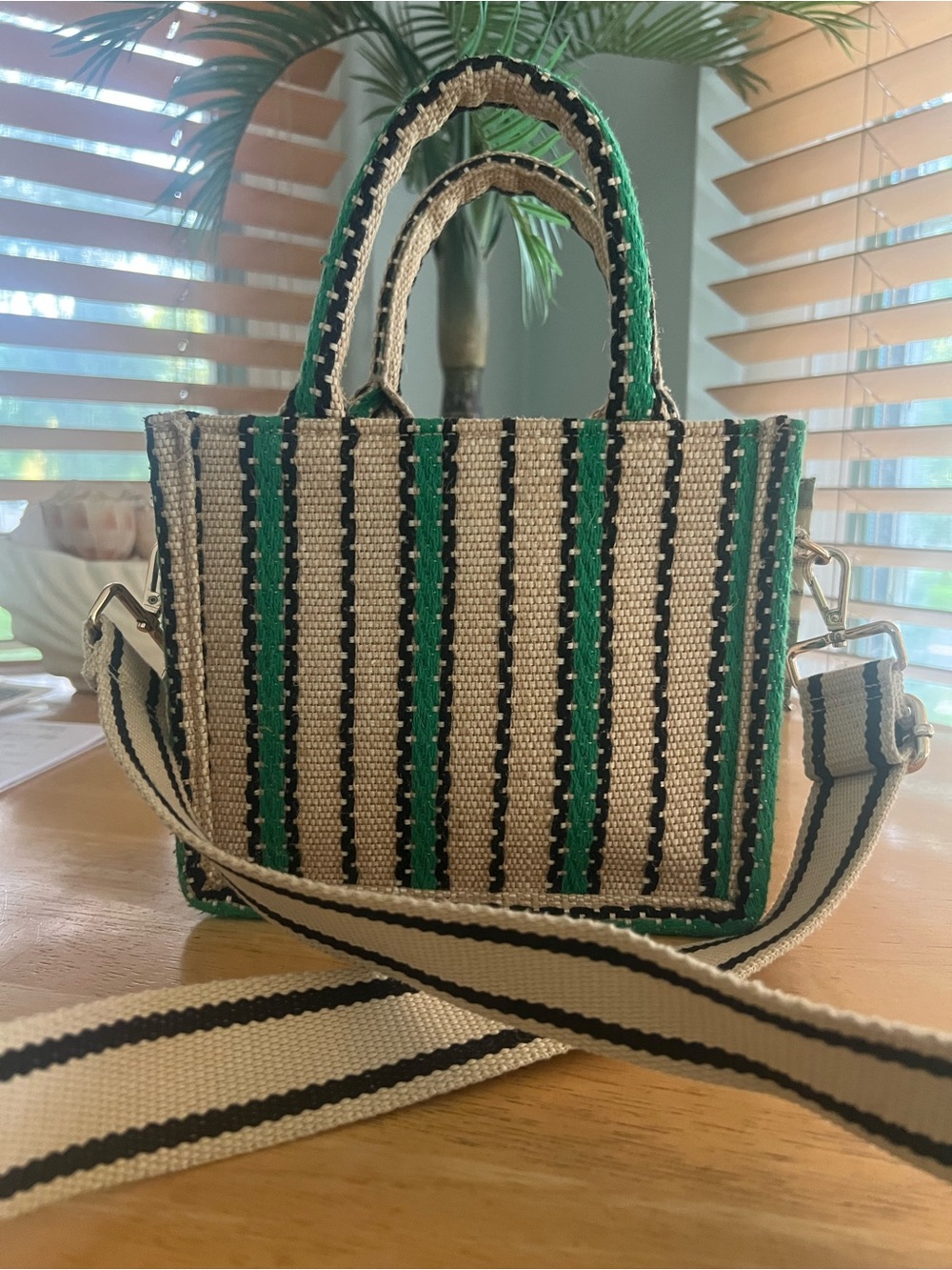Woven Stripe Mini Tote Bag in Green and Cream with detachable strap
